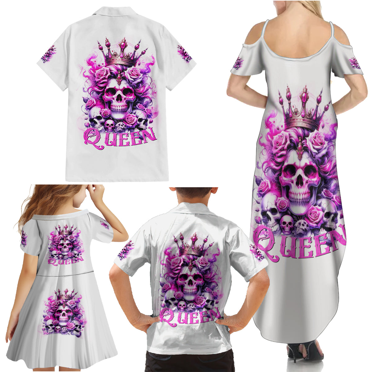 Rose Skull Family Matching Summer Maxi Dress and Hawaiian Shirt Queen Skull - Wonder Print Shop