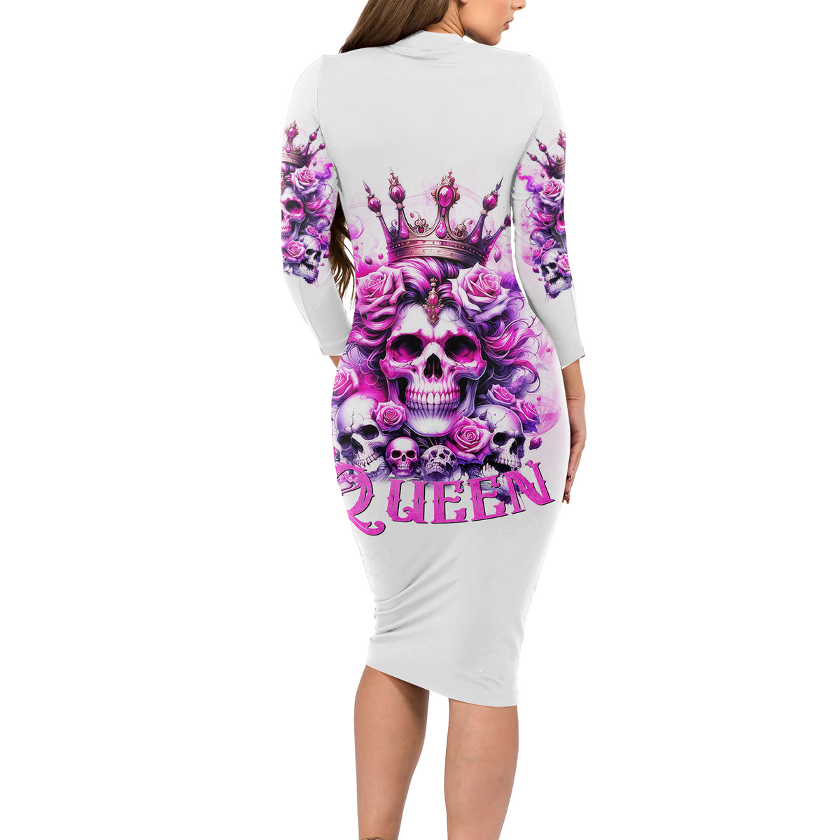 Rose Skull Long Sleeve Bodycon Dress Queen Skull - Wonder Print Shop