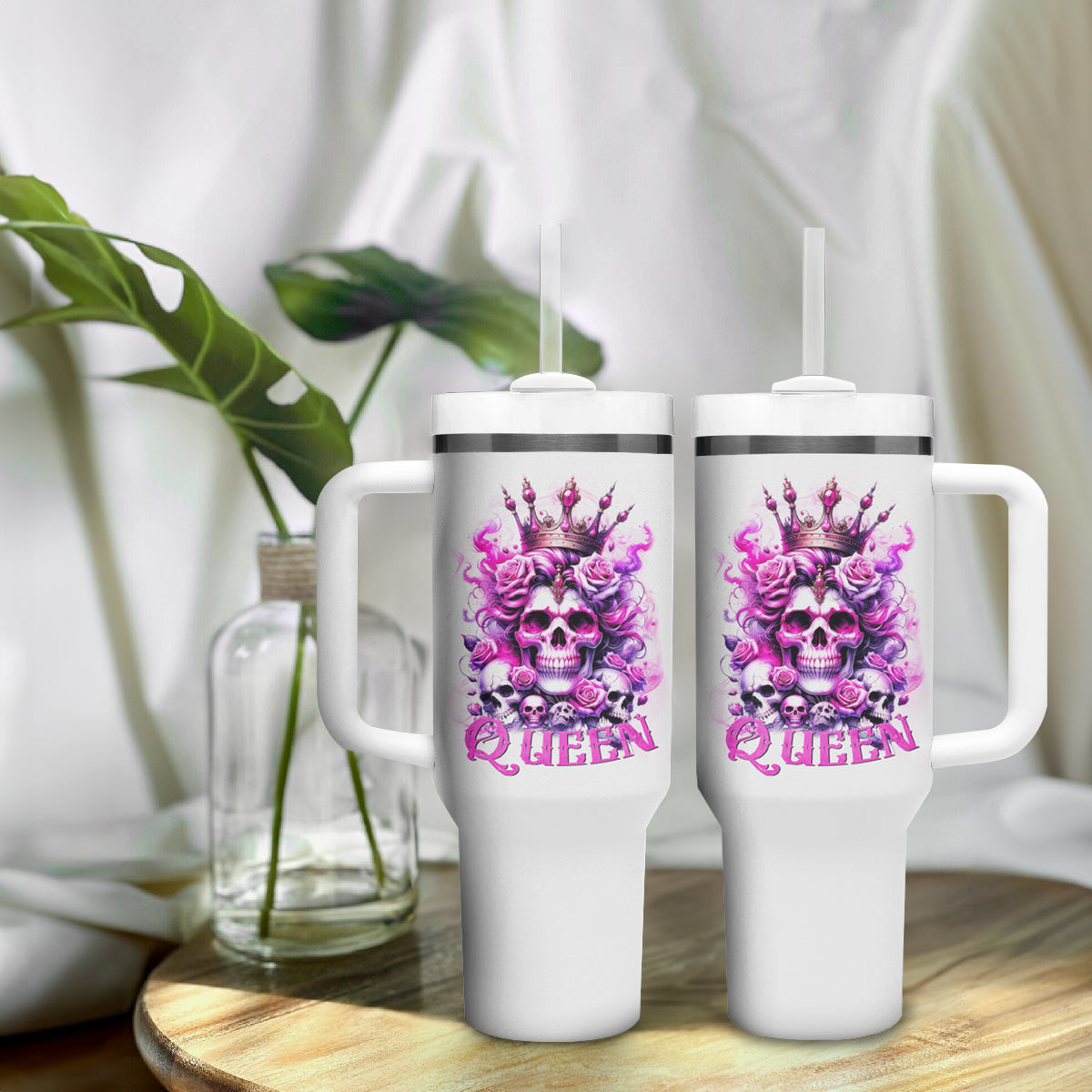 Rose Skull Tumbler With Handle Queen Skull - Wonder Print Shop