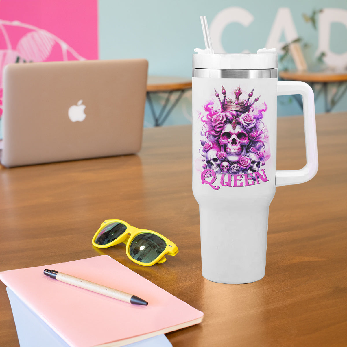 Rose Skull Tumbler With Handle Queen Skull - Wonder Print Shop