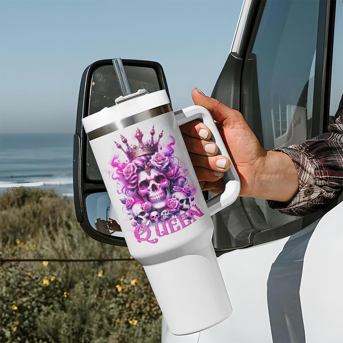 Rose Skull Tumbler With Handle Queen Skull - Wonder Print Shop