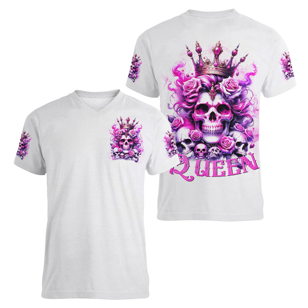 Rose Skull Women V Neck T Shirt Queen Skull - Wonder Print Shop