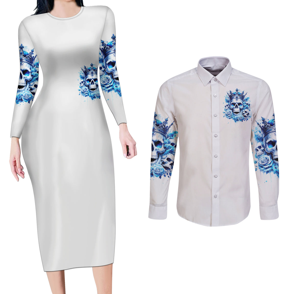 Rose Skull Couples Matching Long Sleeve Bodycon Dress and Long Sleeve Button Shirt King Skull - Wonder Print Shop