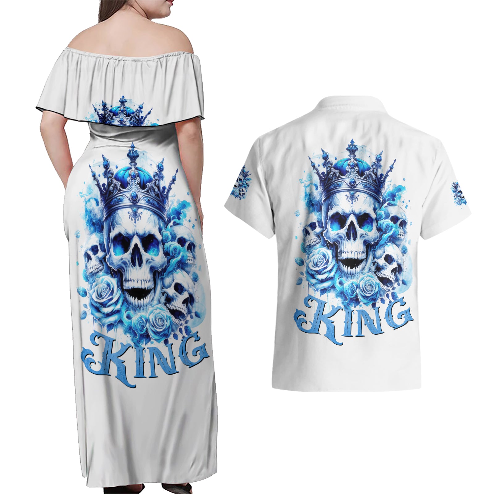 Rose Skull Couples Matching Off Shoulder Maxi Dress and Hawaiian Shirt King Skull - Wonder Print Shop