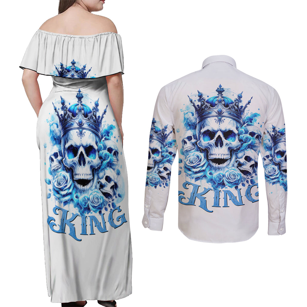 Rose Skull Couples Matching Off Shoulder Maxi Dress and Long Sleeve Button Shirt King Skull - Wonder Print Shop