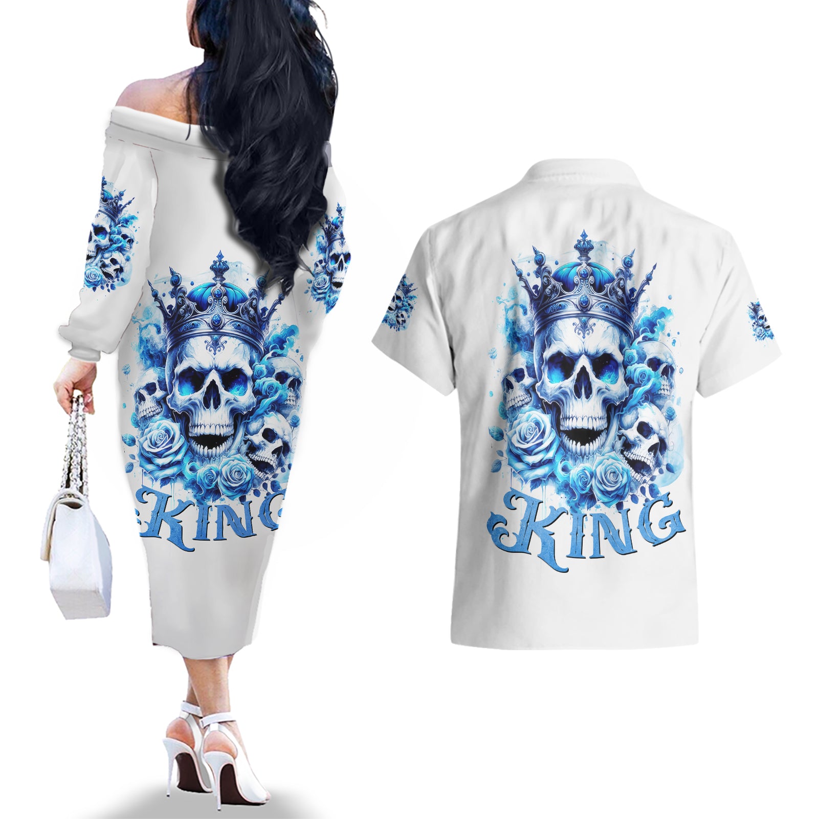 Rose Skull Couples Matching Off The Shoulder Long Sleeve Dress and Hawaiian Shirt King Skull - Wonder Print Shop