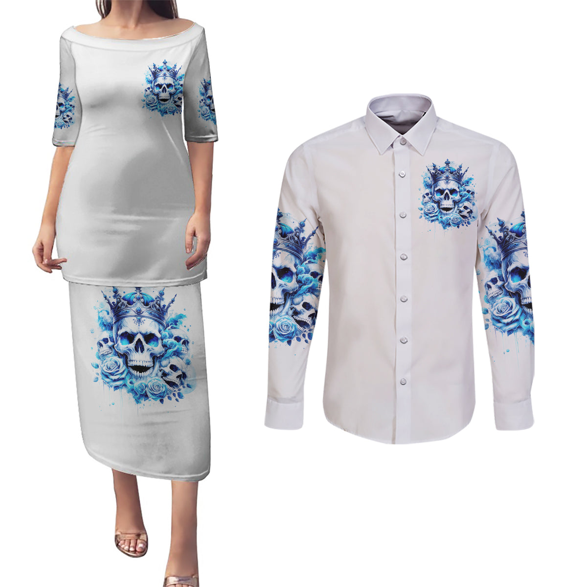 Rose Skull Couples Matching Puletasi and Long Sleeve Button Shirt King Skull - Wonder Print Shop