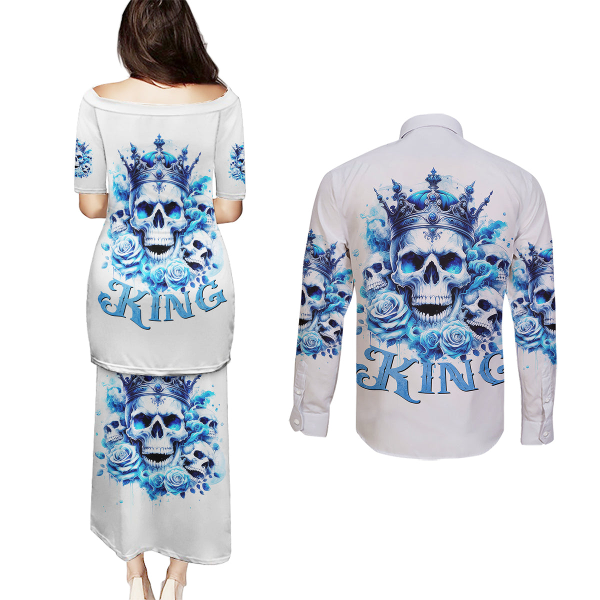 Rose Skull Couples Matching Puletasi and Long Sleeve Button Shirt King Skull - Wonder Print Shop