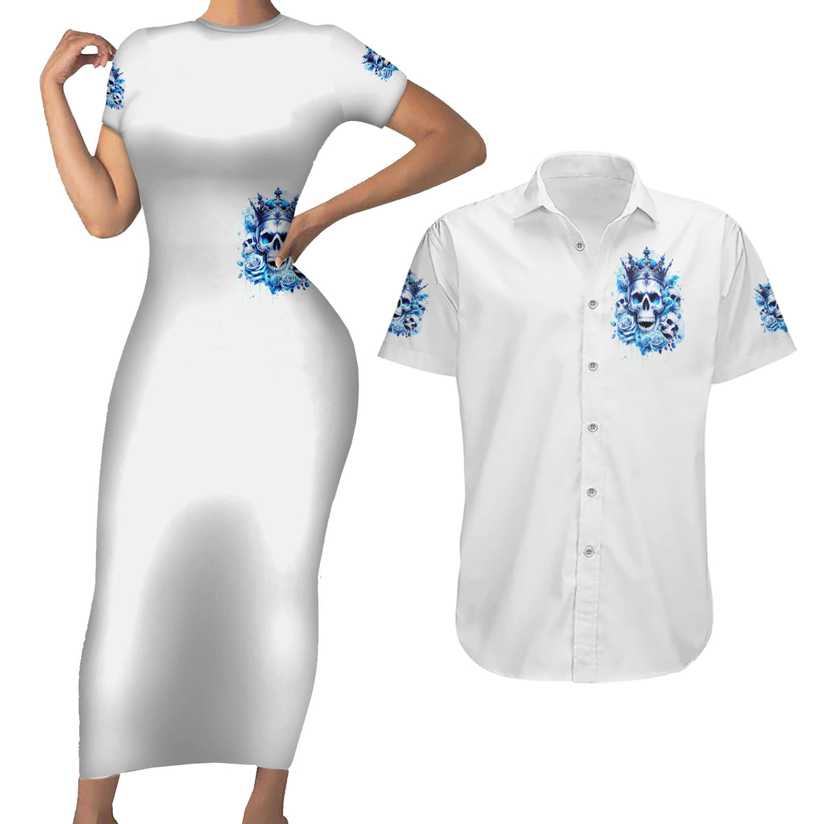 Rose Skull Couples Matching Short Sleeve Bodycon Dress and Hawaiian Shirt King Skull - Wonder Print Shop