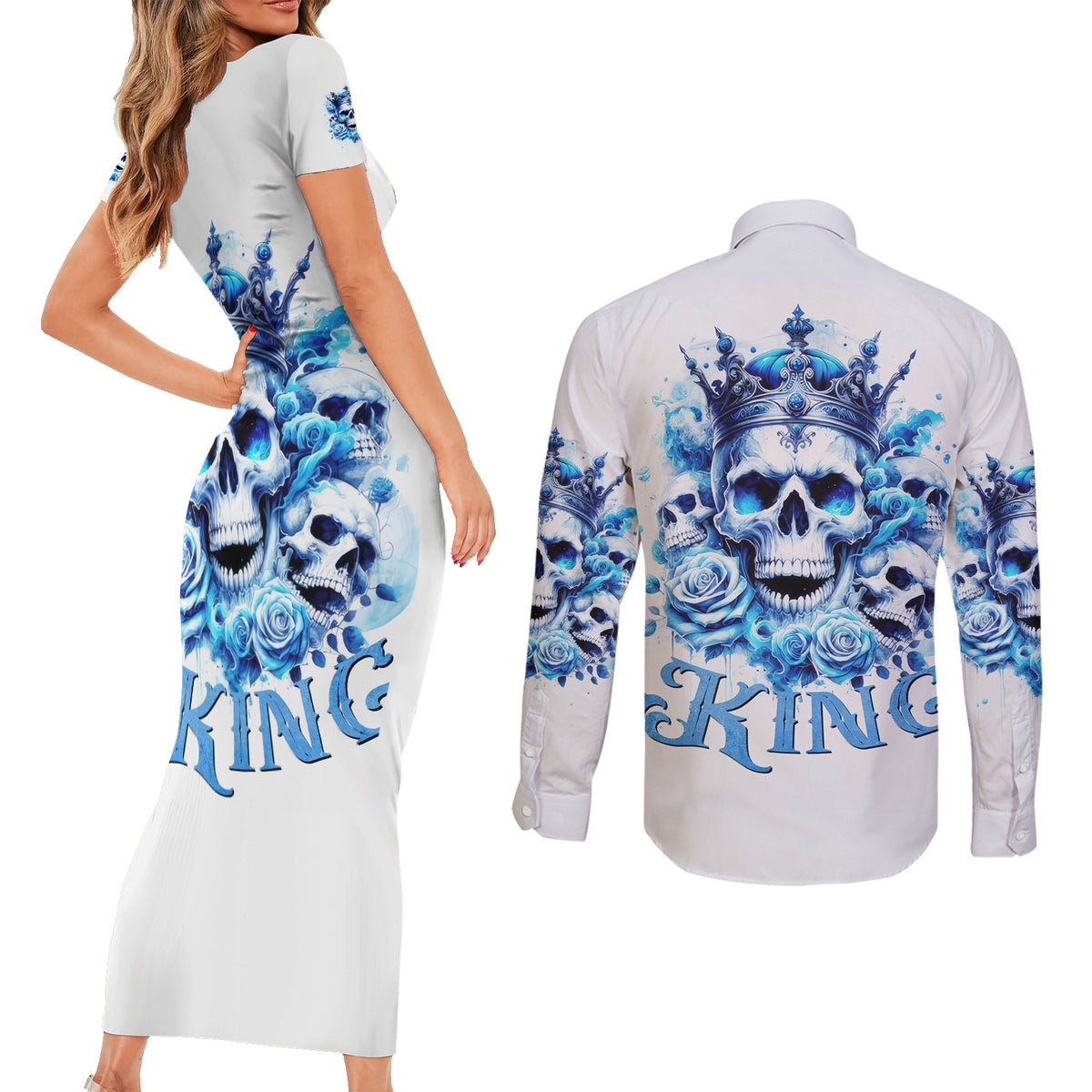Rose Skull Couples Matching Short Sleeve Bodycon Dress and Long Sleeve Button Shirt King Skull - Wonder Print Shop