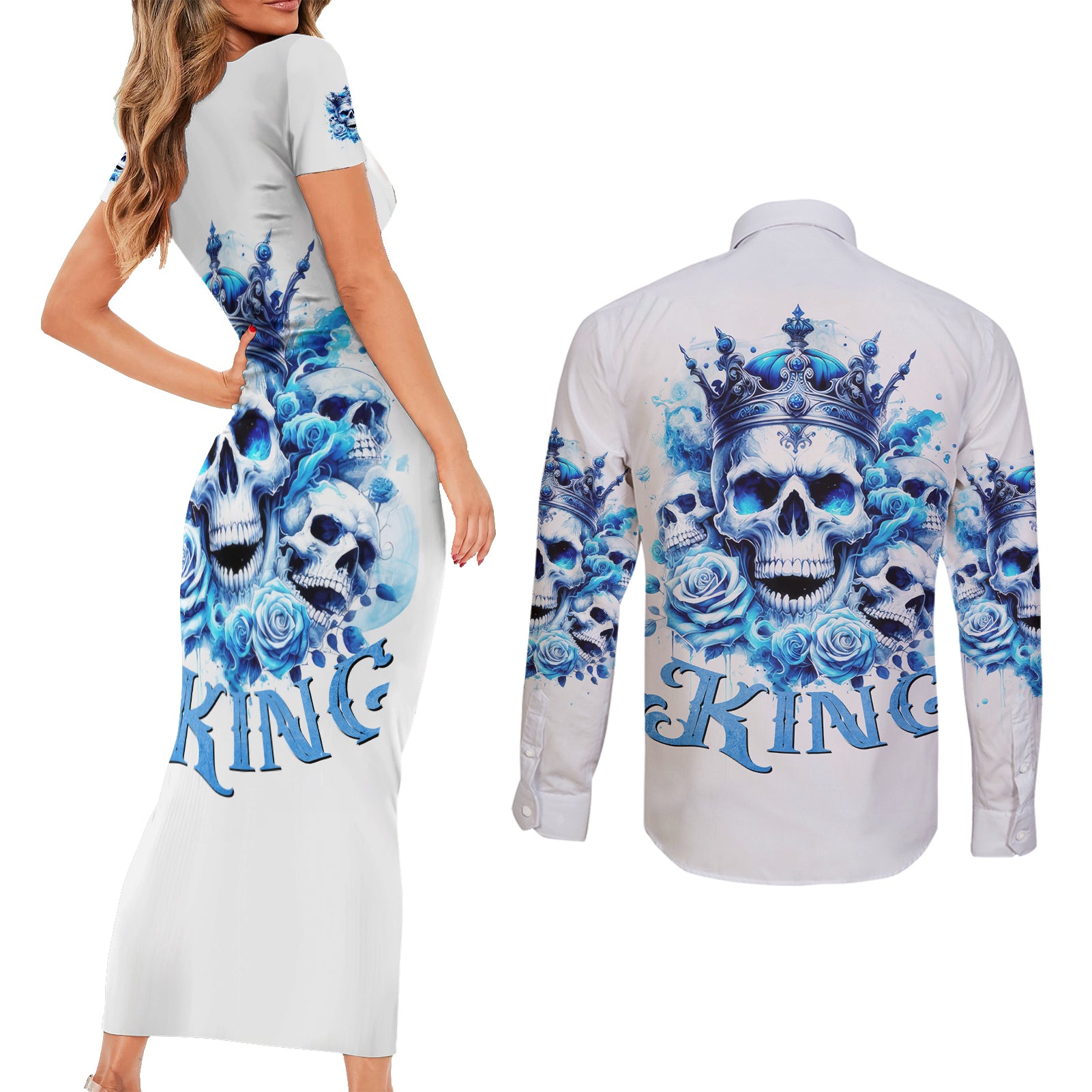 Rose Skull Couples Matching Short Sleeve Bodycon Dress and Long Sleeve Button Shirt King Skull - Wonder Print Shop