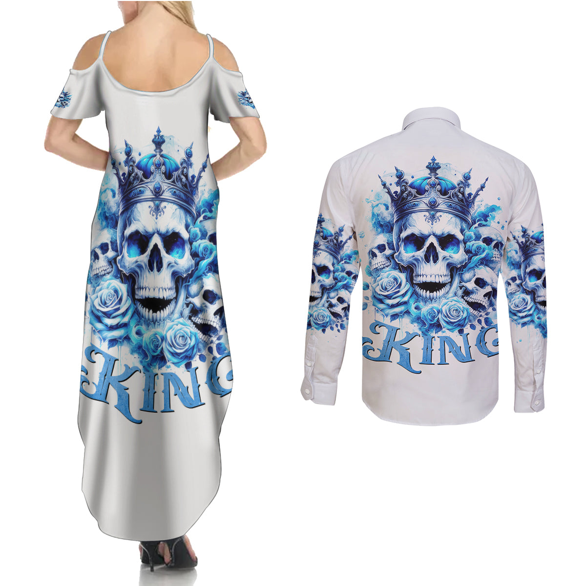 Rose Skull Couples Matching Summer Maxi Dress and Long Sleeve Button Shirt King Skull - Wonder Print Shop