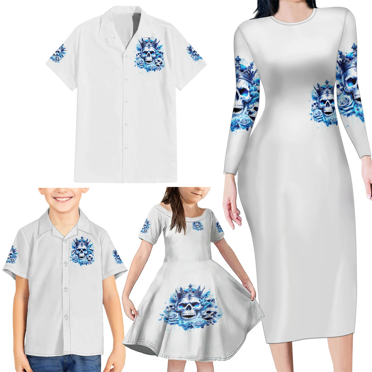 Rose Skull Family Matching Long Sleeve Bodycon Dress and Hawaiian Shirt King Skull - Wonder Print Shop