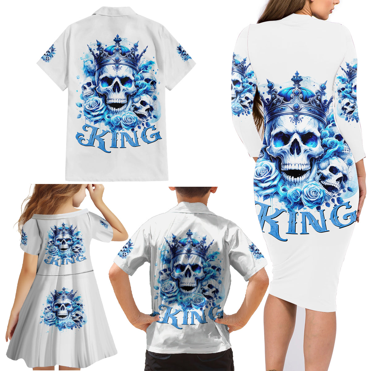 Rose Skull Family Matching Long Sleeve Bodycon Dress and Hawaiian Shirt King Skull - Wonder Print Shop