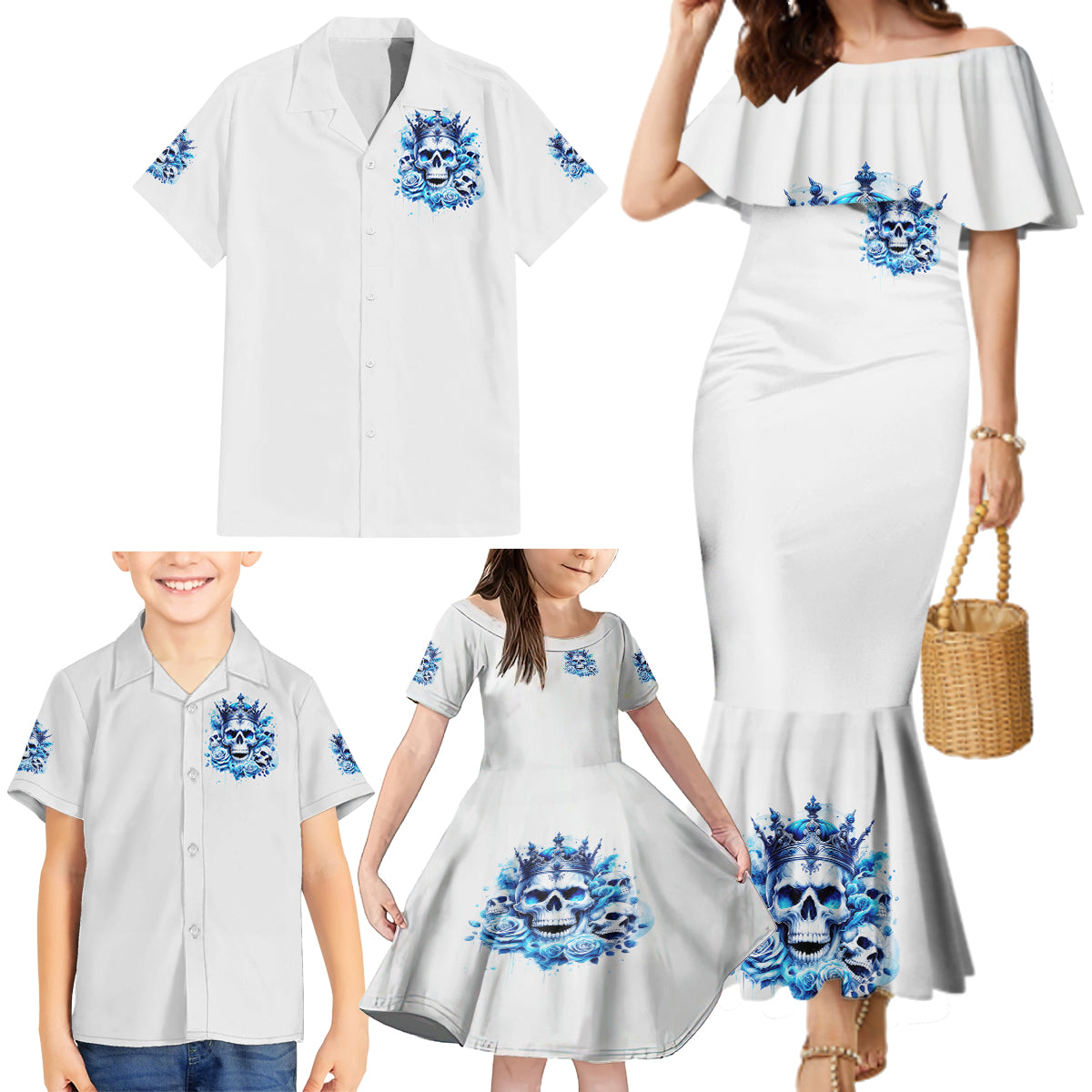 Rose Skull Family Matching Mermaid Dress and Hawaiian Shirt King Skull - Wonder Print Shop