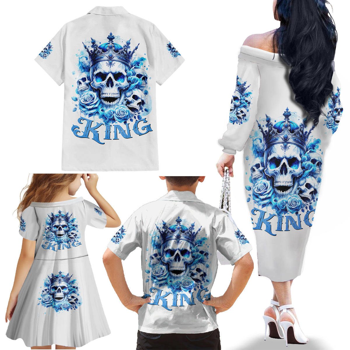 Rose Skull Family Matching Off Shoulder Long Sleeve Dress and Hawaiian Shirt King Skull - Wonder Print Shop