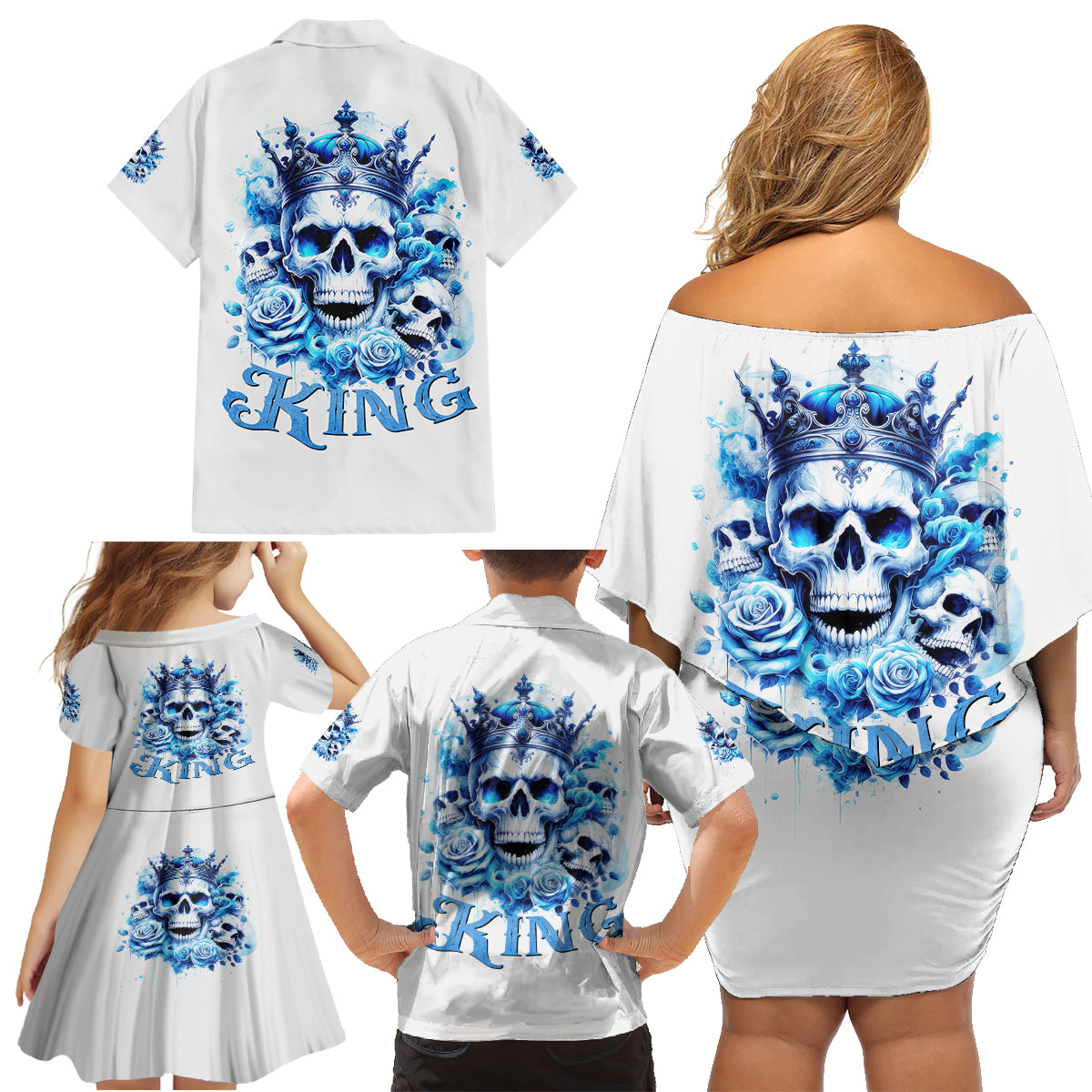 Rose Skull Family Matching Off Shoulder Short Dress and Hawaiian Shirt King Skull - Wonder Print Shop