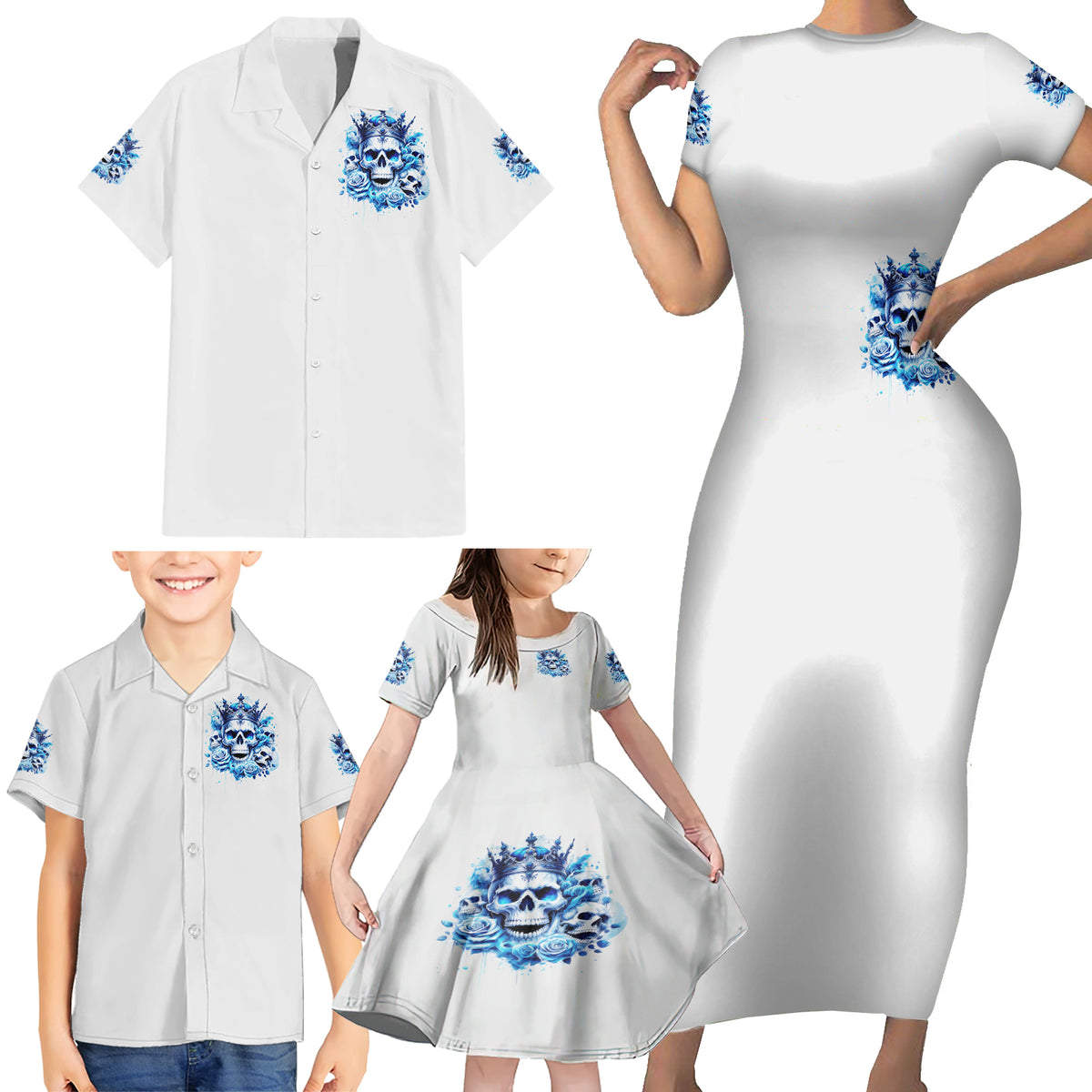 Rose Skull Family Matching Short Sleeve Bodycon Dress and Hawaiian Shirt King Skull - Wonder Print Shop