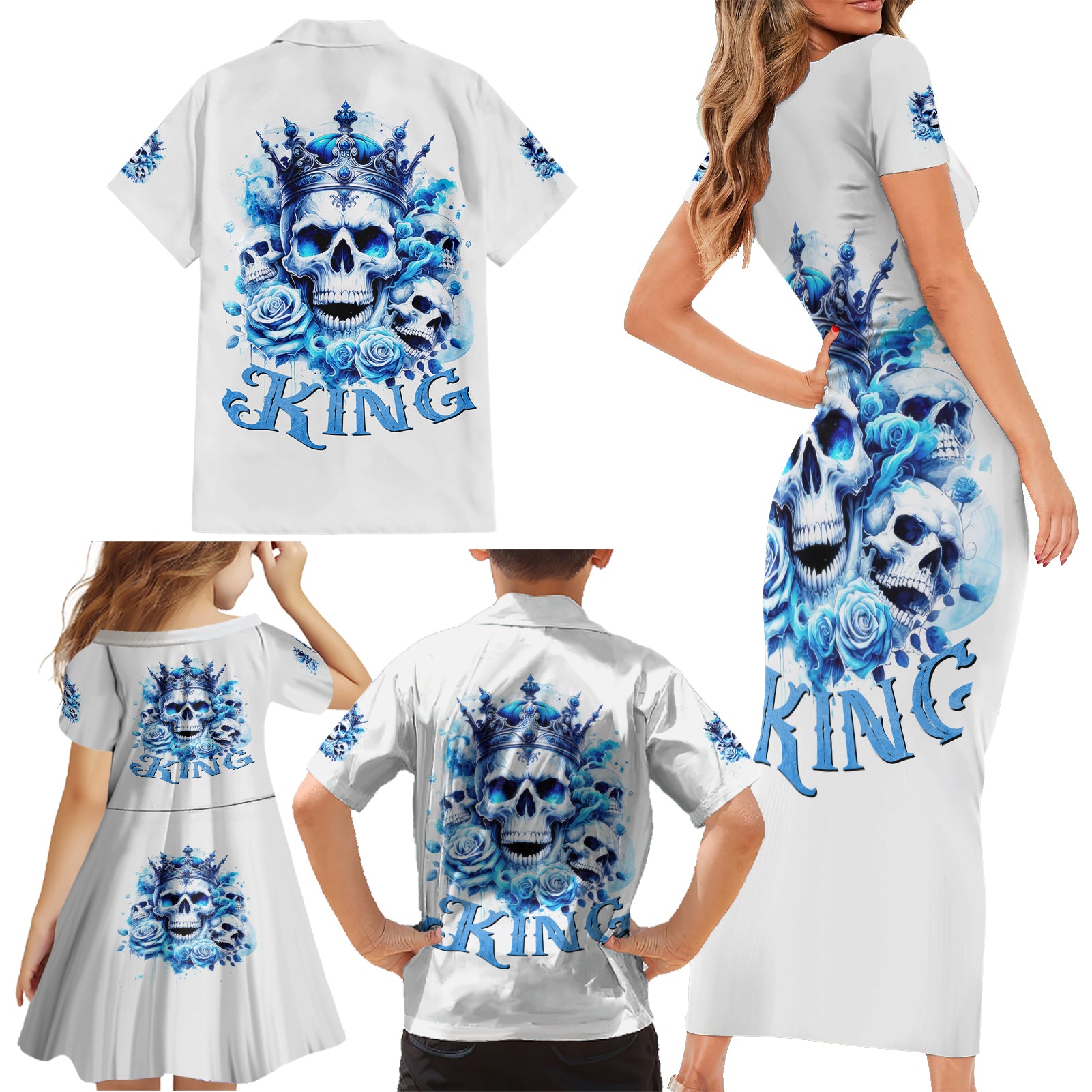 Rose Skull Family Matching Short Sleeve Bodycon Dress and Hawaiian Shirt King Skull - Wonder Print Shop