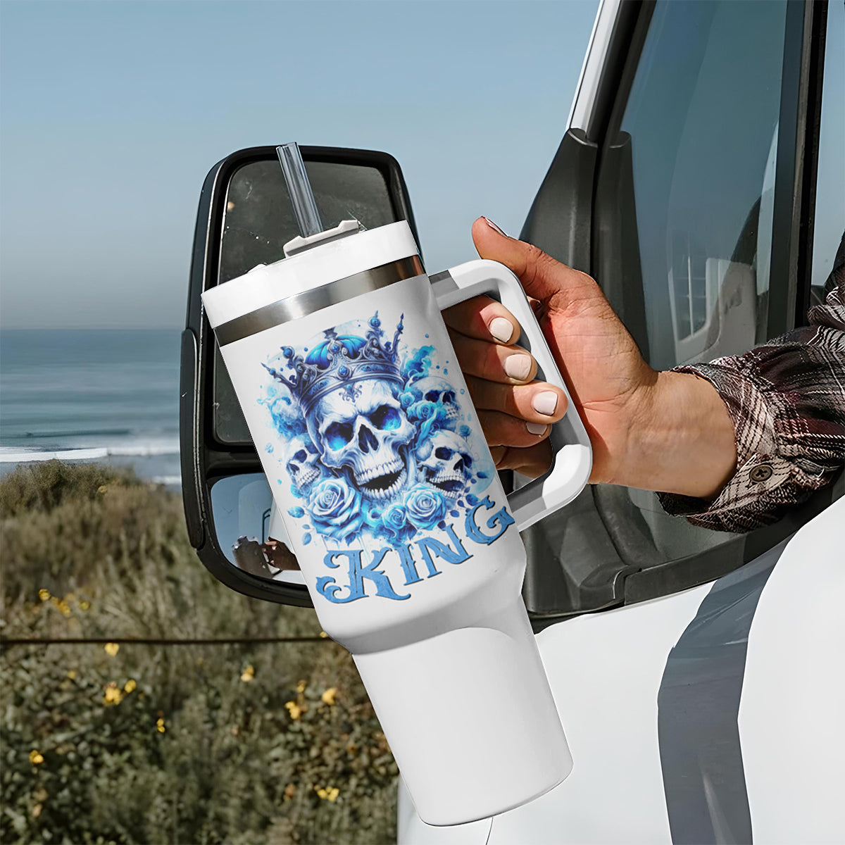 Rose Skull Tumbler With Handle King Skull - Wonder Print Shop