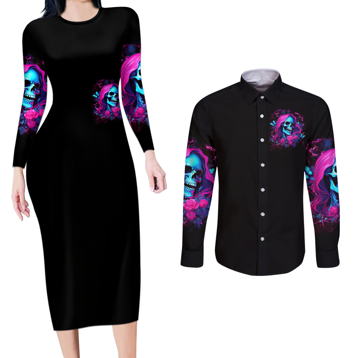 Witch Skull Couples Matching Long Sleeve Bodycon Dress and Long Sleeve Button Shirt The Good Girl In Me Got Tired Of The Bullshit - Wonder Print Shop