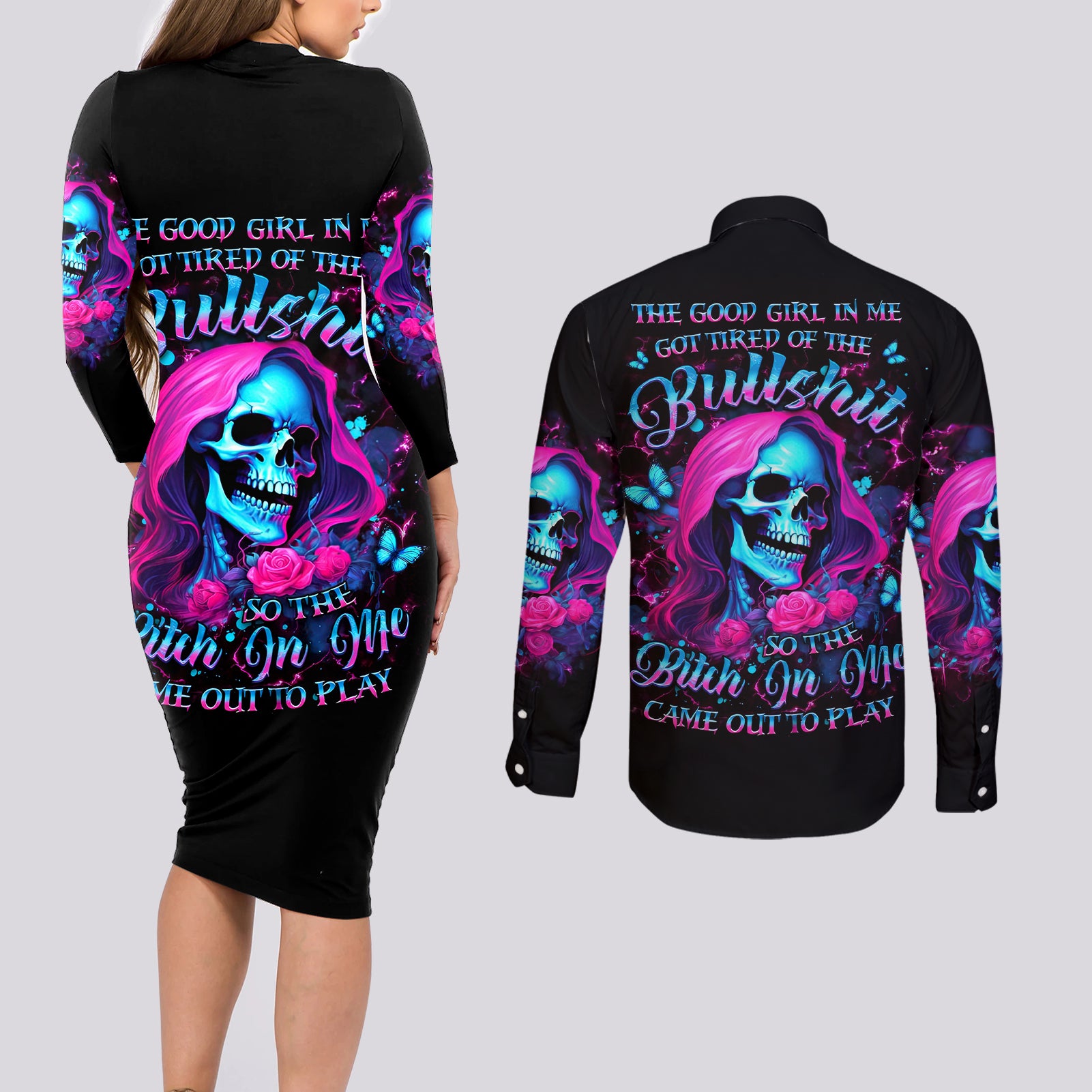 Witch Skull Couples Matching Long Sleeve Bodycon Dress and Long Sleeve Button Shirt The Good Girl In Me Got Tired Of The Bullshit - Wonder Print Shop