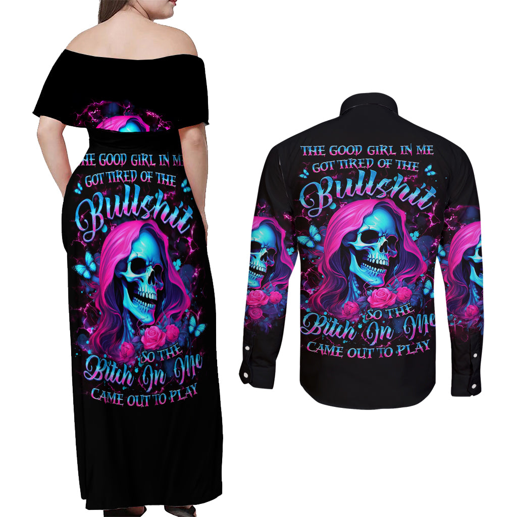 Witch Skull Couples Matching Off Shoulder Maxi Dress and Long Sleeve Button Shirt The Good Girl In Me Got Tired Of The Bullshit - Wonder Print Shop