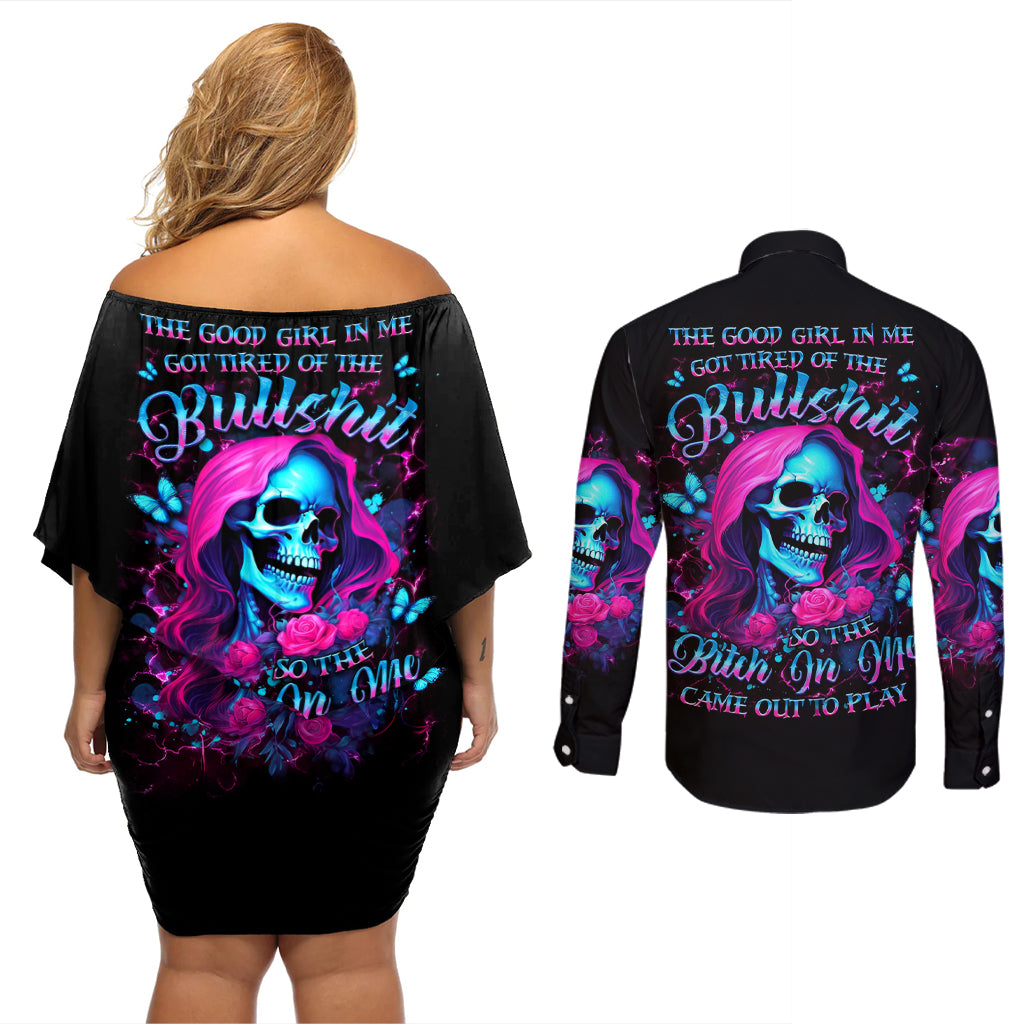 Witch Skull Couples Matching Off Shoulder Short Dress and Long Sleeve Button Shirt The Good Girl In Me Got Tired Of The Bullshit - Wonder Print Shop