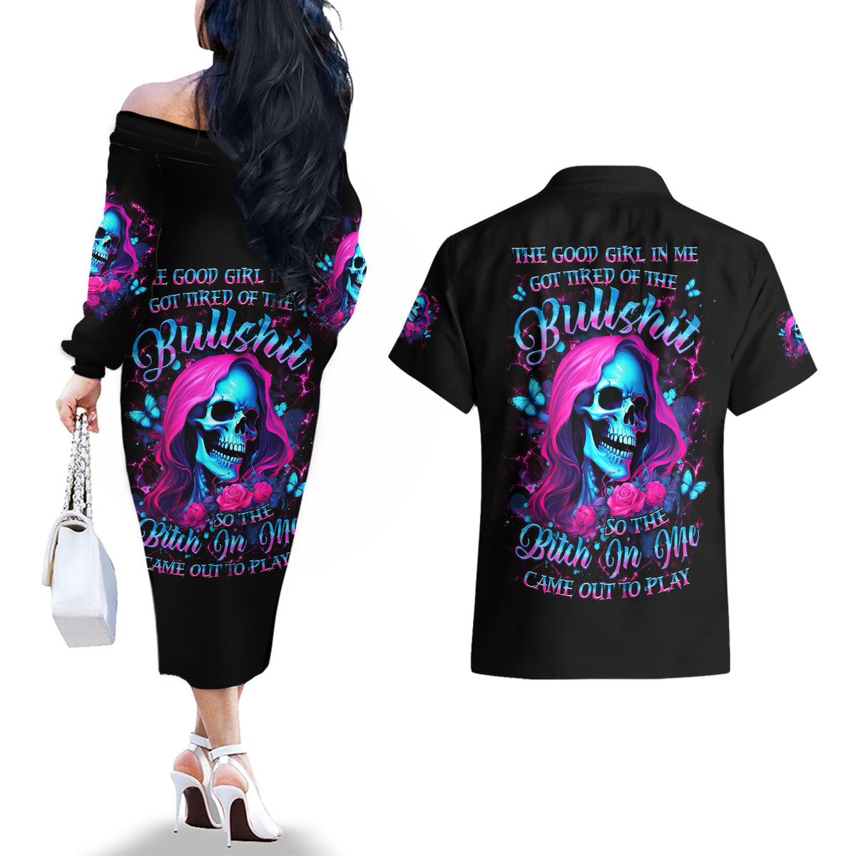 Witch Skull Couples Matching Off The Shoulder Long Sleeve Dress and Hawaiian Shirt The Good Girl In Me Got Tired Of The Bullshit - Wonder Print Shop