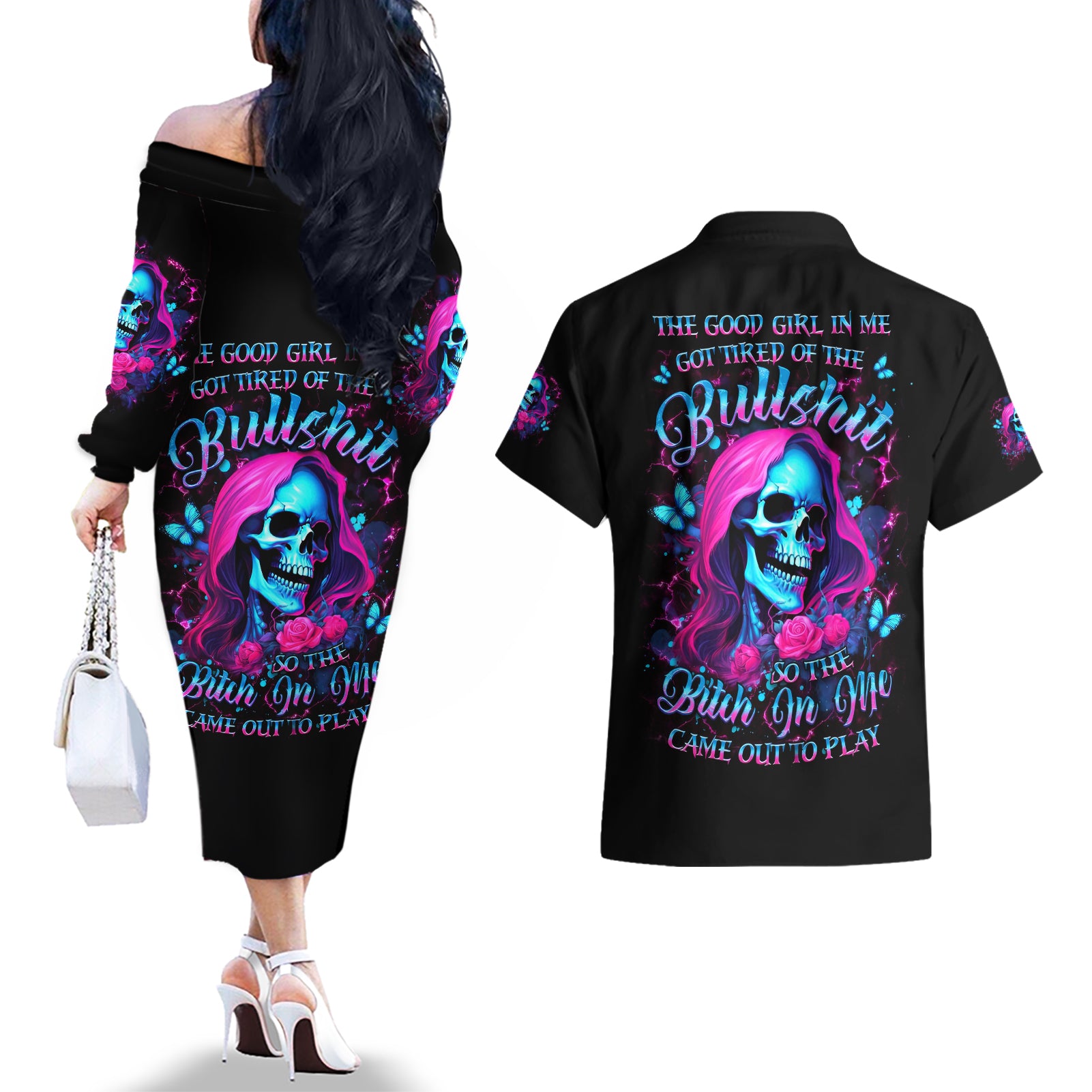 Witch Skull Couples Matching Off The Shoulder Long Sleeve Dress and Hawaiian Shirt The Good Girl In Me Got Tired Of The Bullshit - Wonder Print Shop
