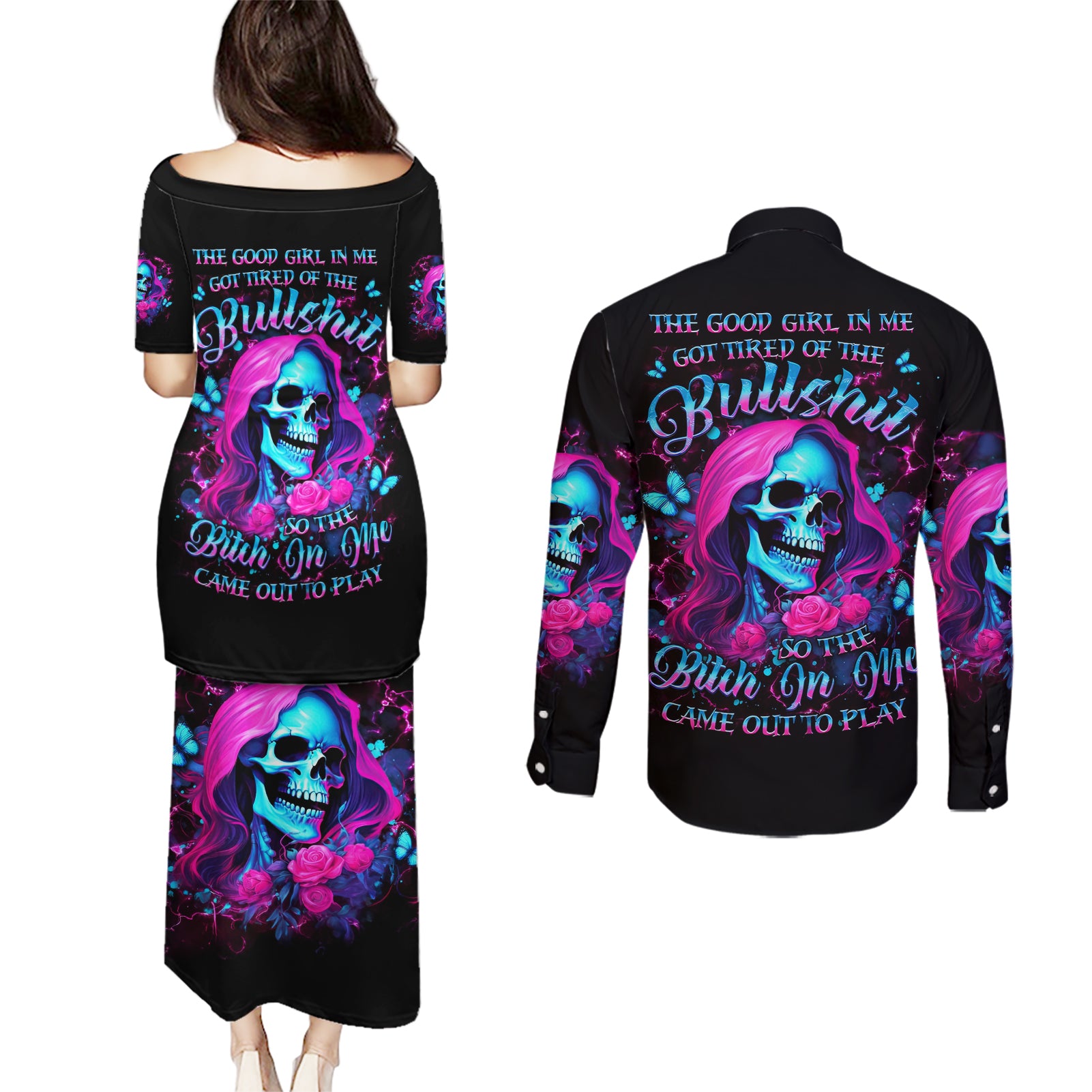 Witch Skull Couples Matching Puletasi and Long Sleeve Button Shirt The Good Girl In Me Got Tired Of The Bullshit - Wonder Print Shop