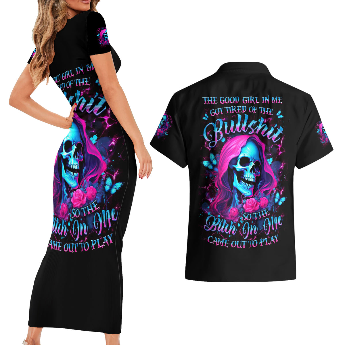 Witch Skull Couples Matching Short Sleeve Bodycon Dress and Hawaiian Shirt The Good Girl In Me Got Tired Of The Bullshit - Wonder Print Shop