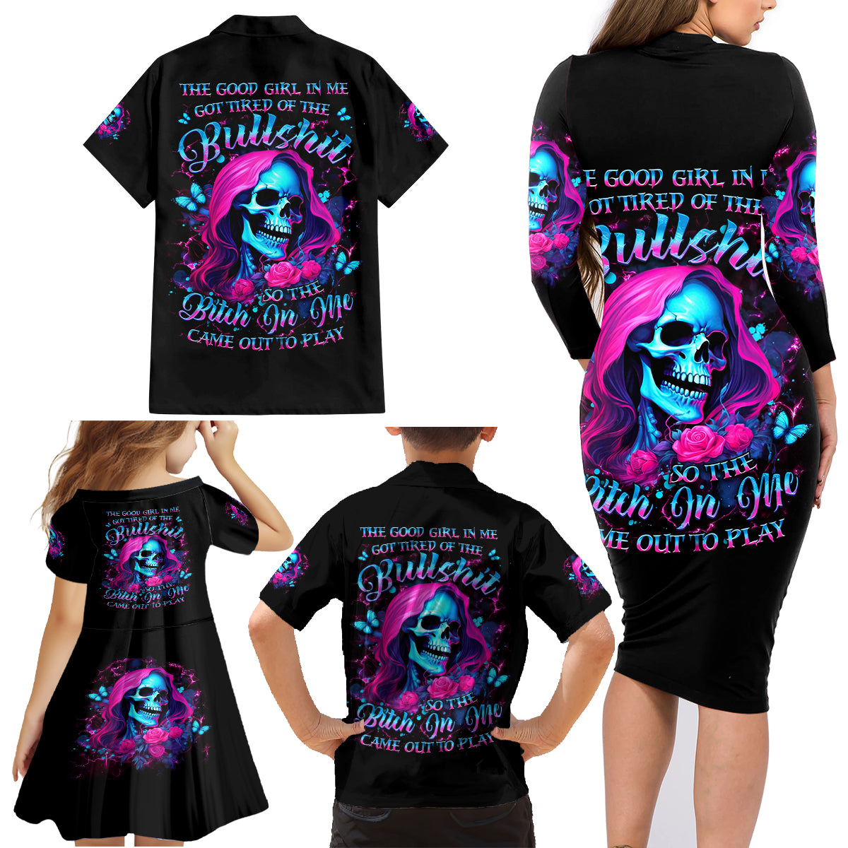 Witch Skull Family Matching Long Sleeve Bodycon Dress and Hawaiian Shirt The Good Girl In Me Got Tired Of The Bullshit - Wonder Print Shop