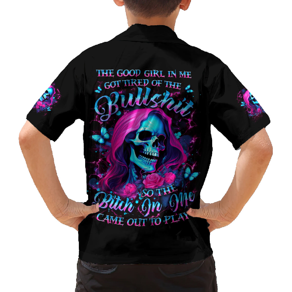 Witch Skull Family Matching Off Shoulder Long Sleeve Dress and Hawaiian Shirt The Good Girl In Me Got Tired Of The Bullshit - Wonder Print Shop