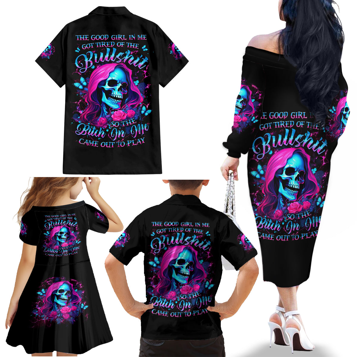 Witch Skull Family Matching Off Shoulder Long Sleeve Dress and Hawaiian Shirt The Good Girl In Me Got Tired Of The Bullshit - Wonder Print Shop