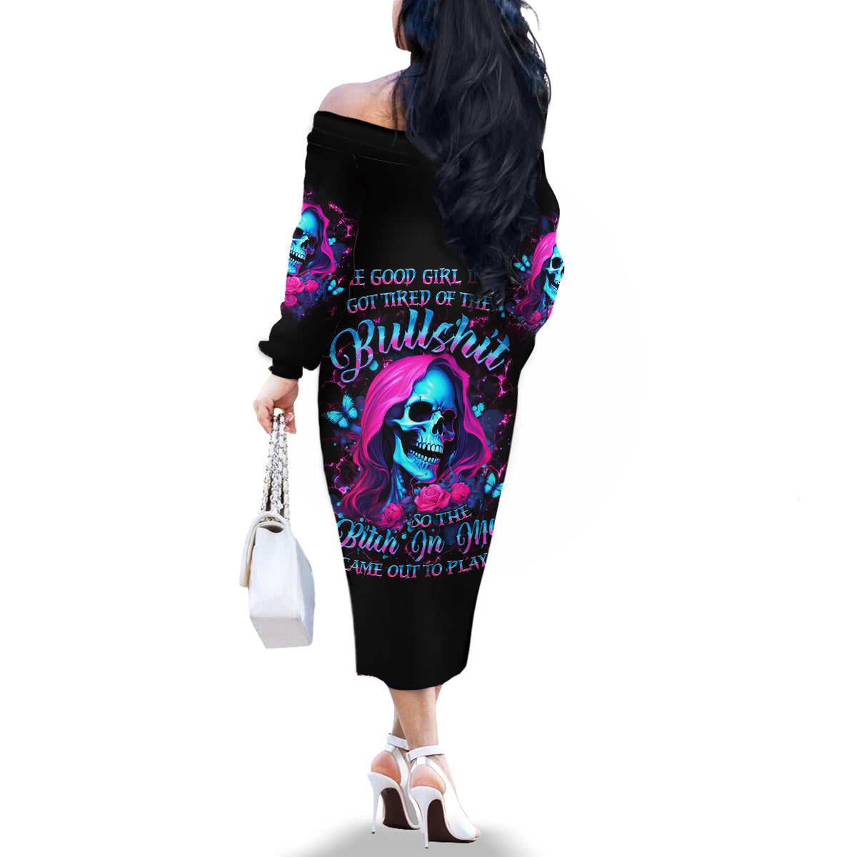 Witch Skull Family Matching Off Shoulder Long Sleeve Dress and Hawaiian Shirt The Good Girl In Me Got Tired Of The Bullshit - Wonder Print Shop