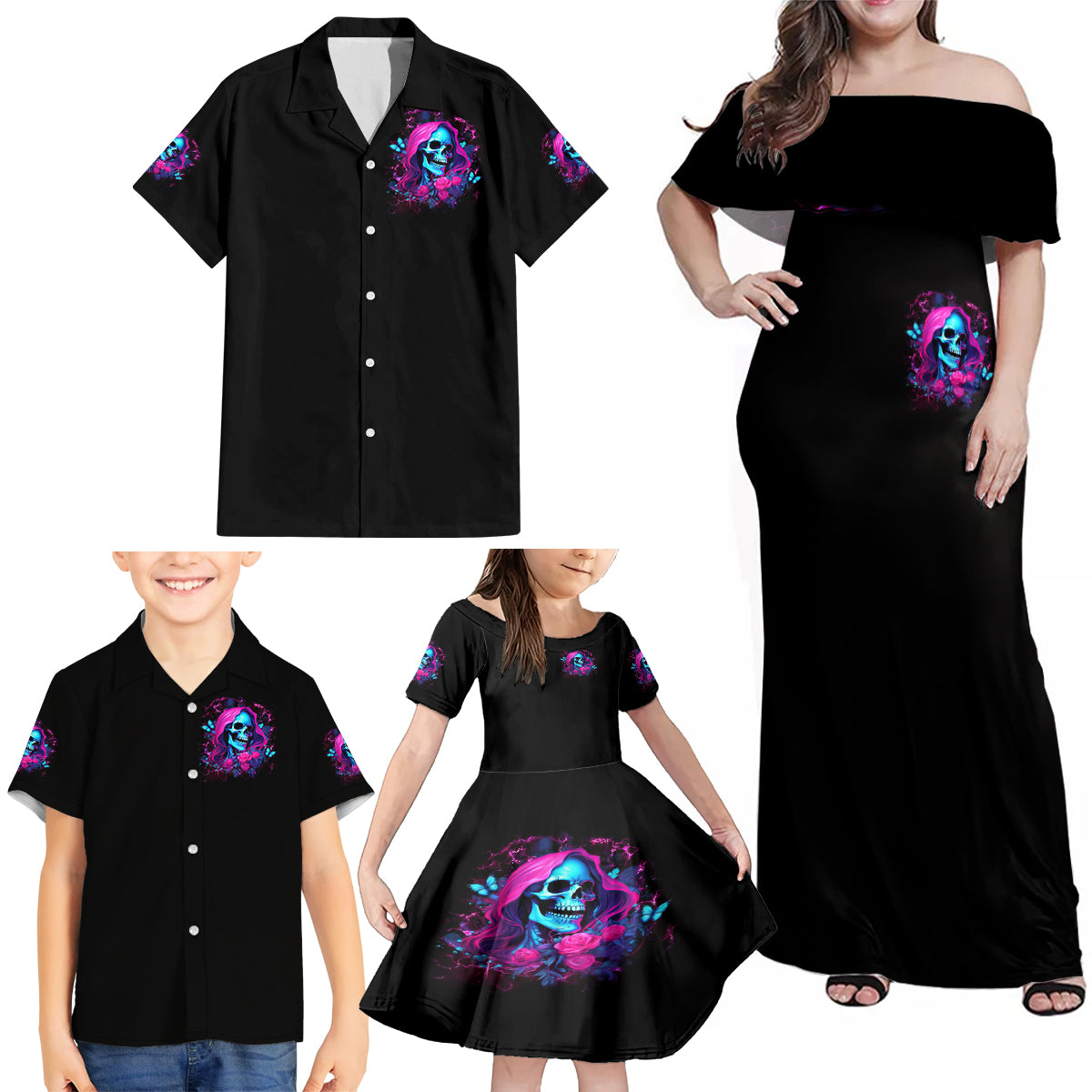 Witch Skull Family Matching Off Shoulder Maxi Dress and Hawaiian Shirt The Good Girl In Me Got Tired Of The Bullshit - Wonder Print Shop