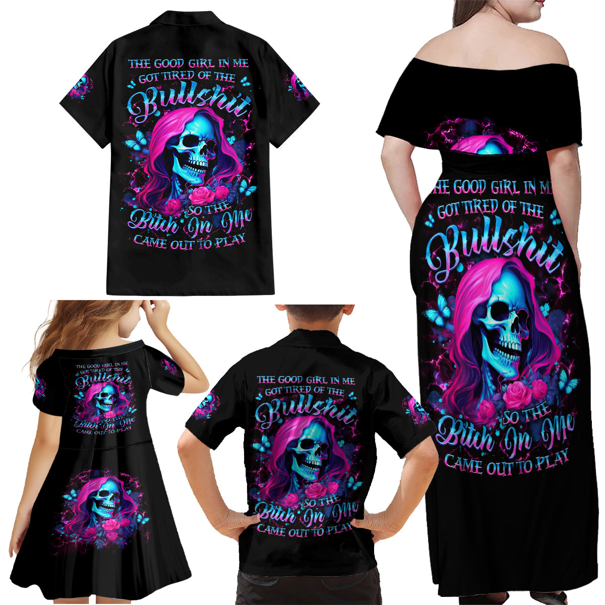 Witch Skull Family Matching Off Shoulder Maxi Dress and Hawaiian Shirt The Good Girl In Me Got Tired Of The Bullshit - Wonder Print Shop