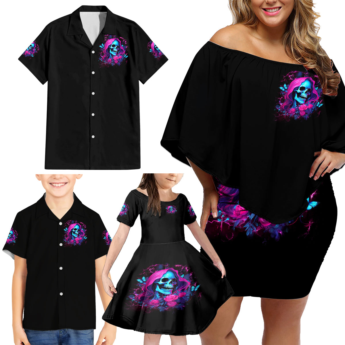 Witch Skull Family Matching Off Shoulder Short Dress and Hawaiian Shirt The Good Girl In Me Got Tired Of The Bullshit - Wonder Print Shop