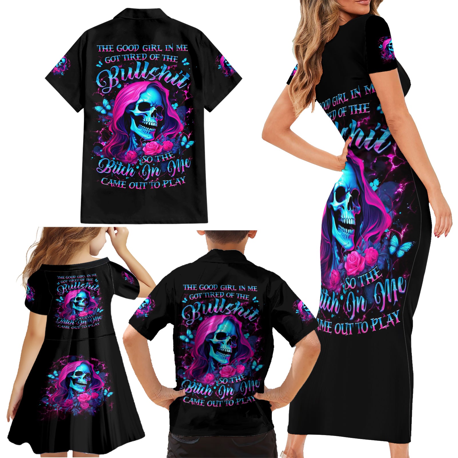 Witch Skull Family Matching Short Sleeve Bodycon Dress and Hawaiian Shirt The Good Girl In Me Got Tired Of The Bullshit - Wonder Print Shop