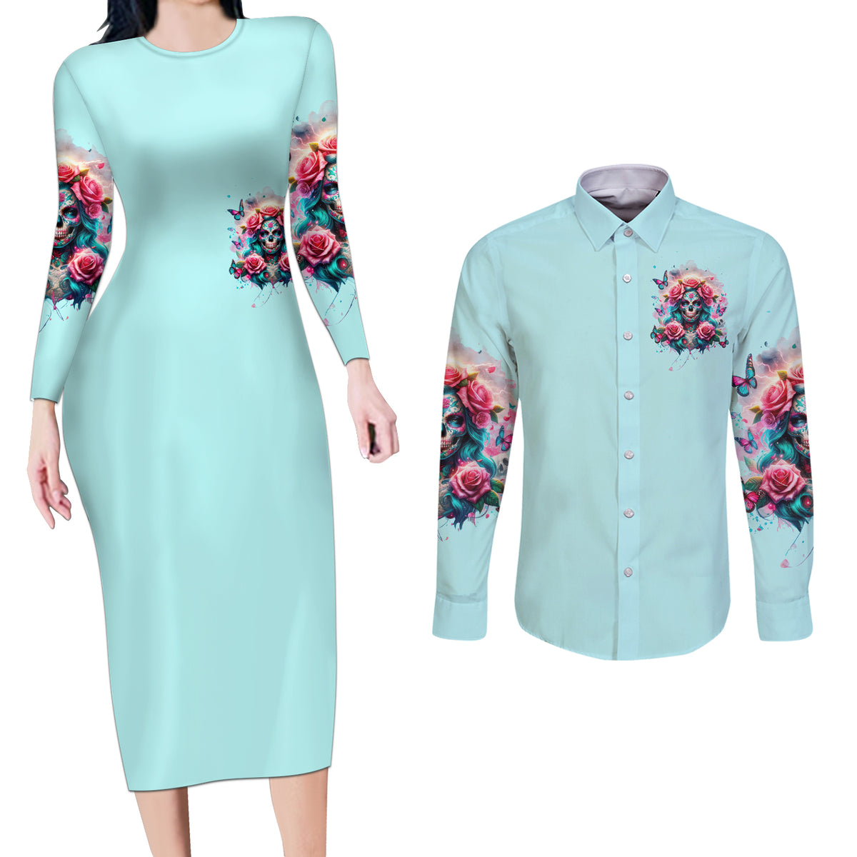 Rose Skull Couples Matching Long Sleeve Bodycon Dress and Long Sleeve Button Shirt The Good Girl In Me Got Tired Of The Bullshit - Wonder Print Shop