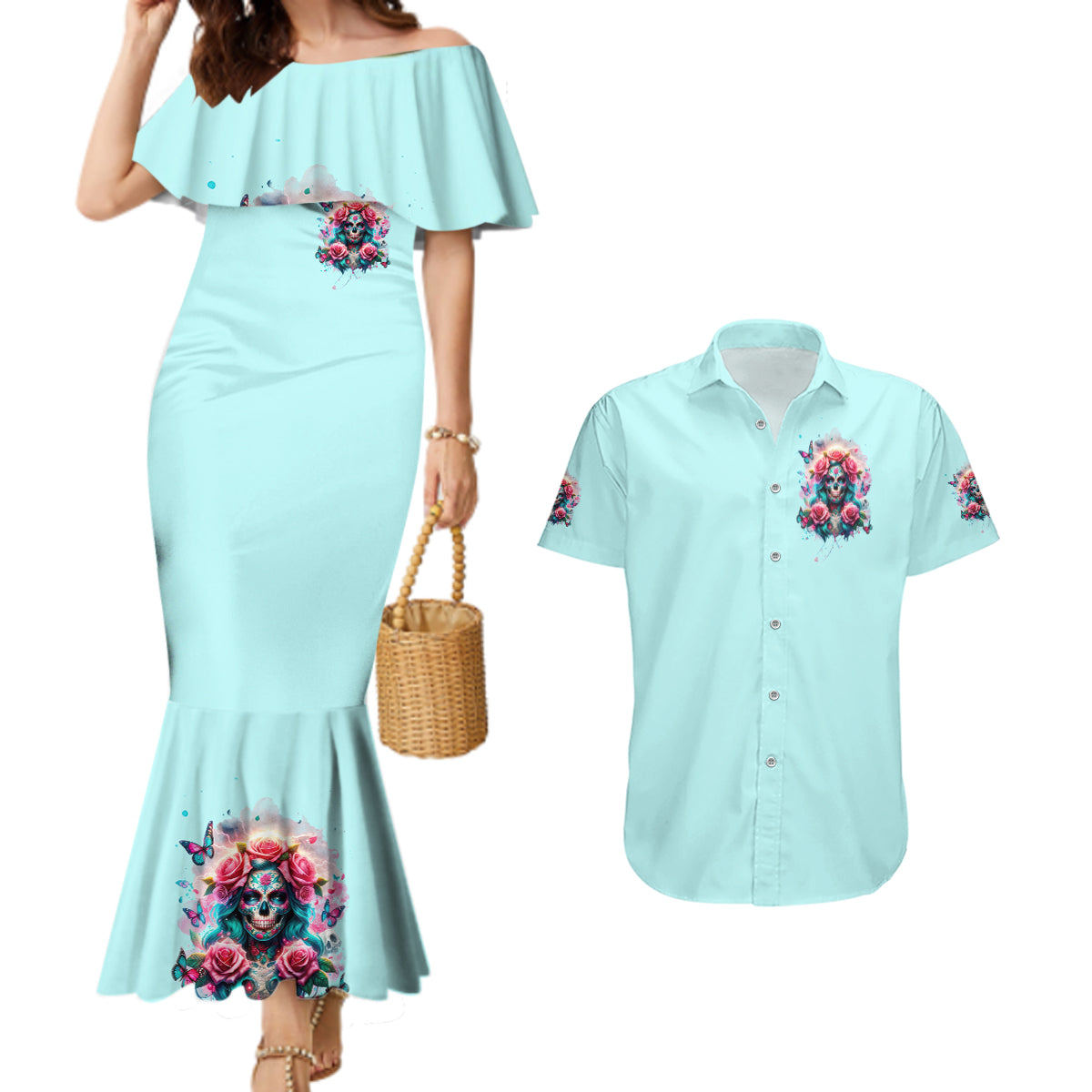 Rose Skull Couples Matching Mermaid Dress and Hawaiian Shirt The Good Girl In Me Got Tired Of The Bullshit - Wonder Print Shop