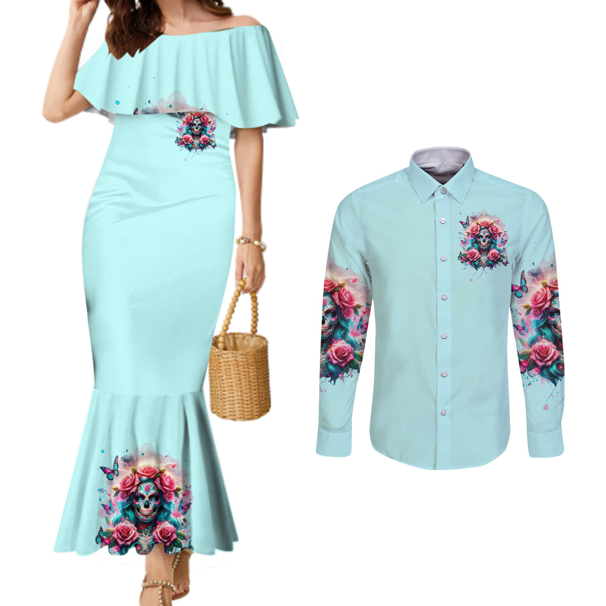 Rose Skull Couples Matching Mermaid Dress and Long Sleeve Button Shirt The Good Girl In Me Got Tired Of The Bullshit