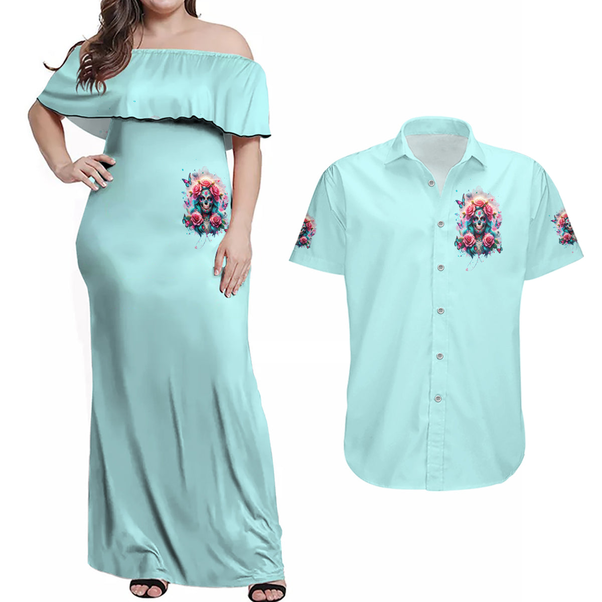 Rose Skull Couples Matching Off Shoulder Maxi Dress and Hawaiian Shirt The Good Girl In Me Got Tired Of The Bullshit - Wonder Print Shop