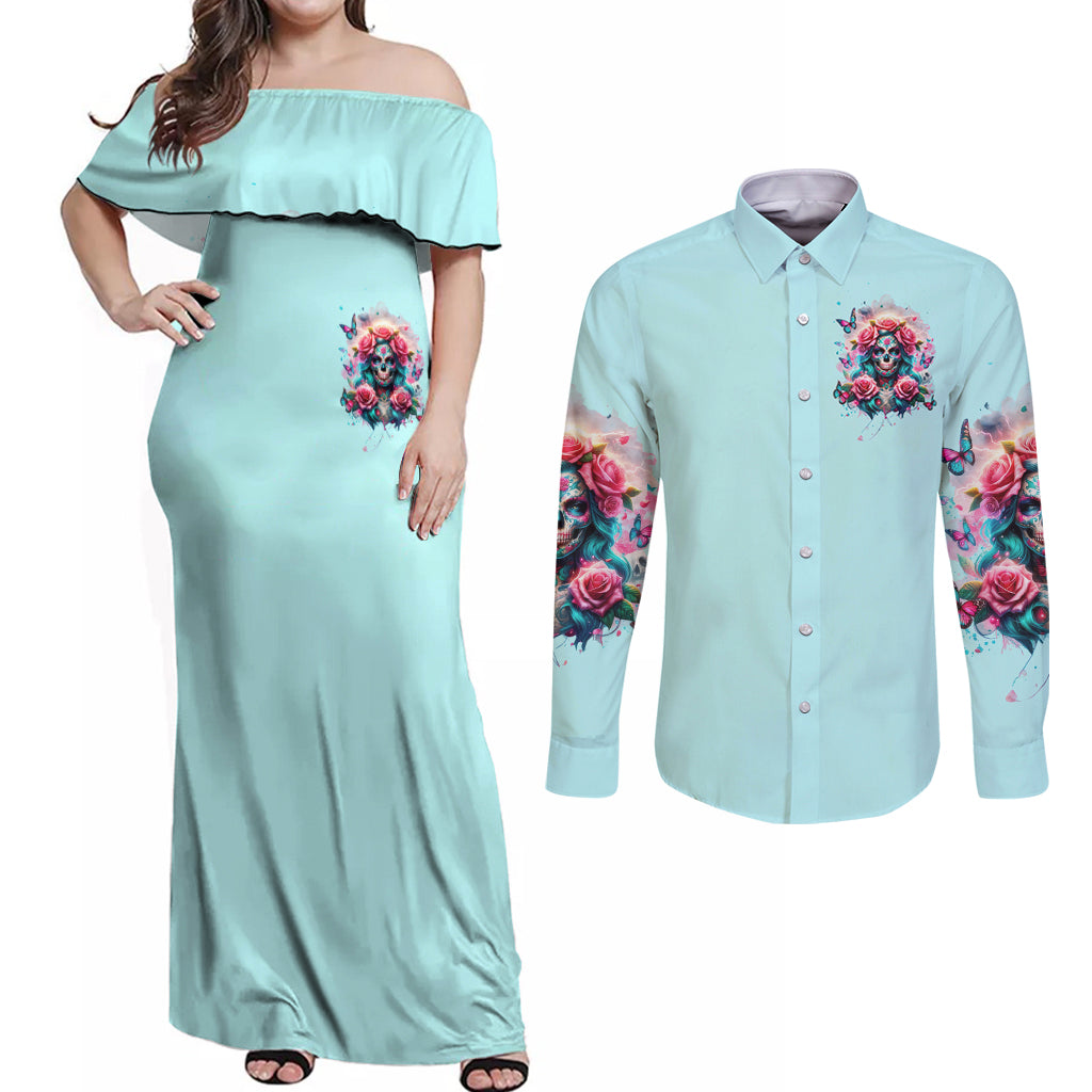 Rose Skull Couples Matching Off Shoulder Maxi Dress and Long Sleeve Button Shirt The Good Girl In Me Got Tired Of The Bullshit - Wonder Print Shop