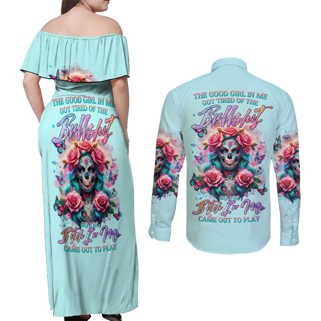 Rose Skull Couples Matching Off Shoulder Maxi Dress and Long Sleeve Button Shirt The Good Girl In Me Got Tired Of The Bullshit - Wonder Print Shop