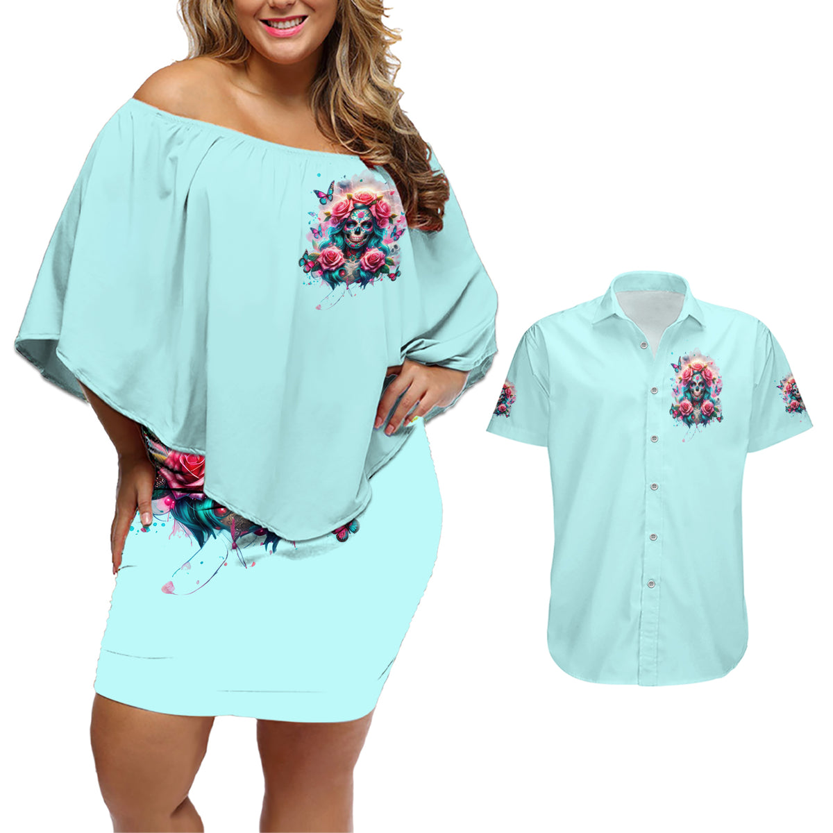 Rose Skull Couples Matching Off Shoulder Short Dress and Hawaiian Shirt The Good Girl In Me Got Tired Of The Bullshit - Wonder Print Shop