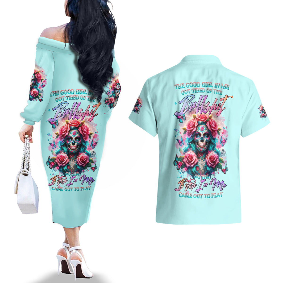 Rose Skull Couples Matching Off The Shoulder Long Sleeve Dress and Hawaiian Shirt The Good Girl In Me Got Tired Of The Bullshit - Wonder Print Shop