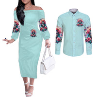 Rose Skull Couples Matching Off The Shoulder Long Sleeve Dress and Long Sleeve Button Shirt The Good Girl In Me Got Tired Of The Bullshit