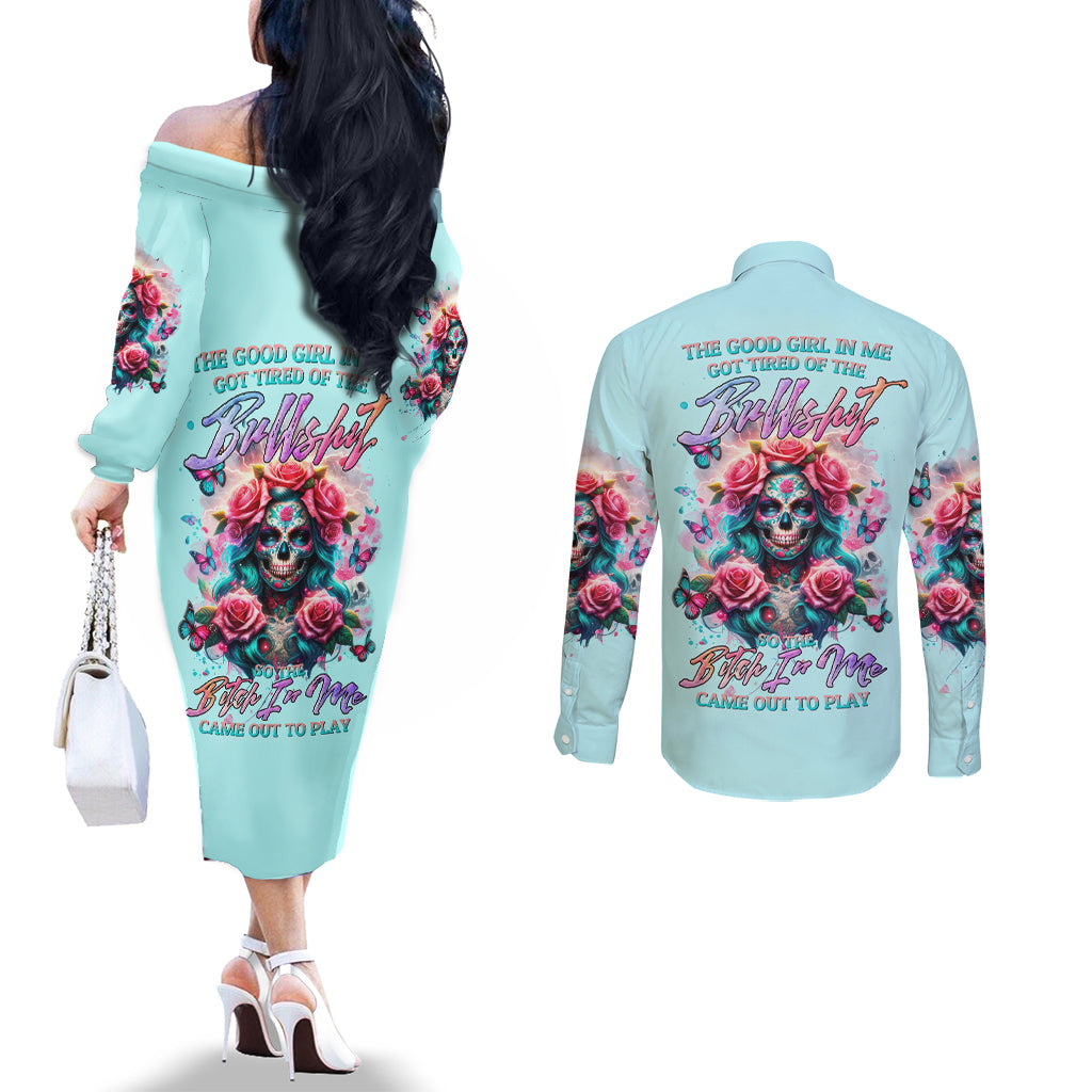 Rose Skull Couples Matching Off The Shoulder Long Sleeve Dress and Long Sleeve Button Shirt The Good Girl In Me Got Tired Of The Bullshit